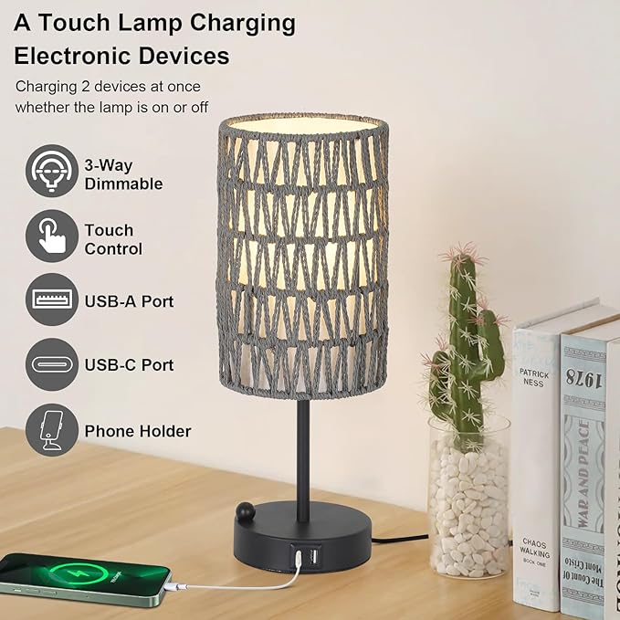 Touch Bedside Lamp For Bedroom with Bulb, Gray Boho Small Table Lamp For Living Room With Rattan & Linen Shade, 3 Way Dimmable Table Lamp For Nightstand With USB Charging Port & Phone Stand For Office