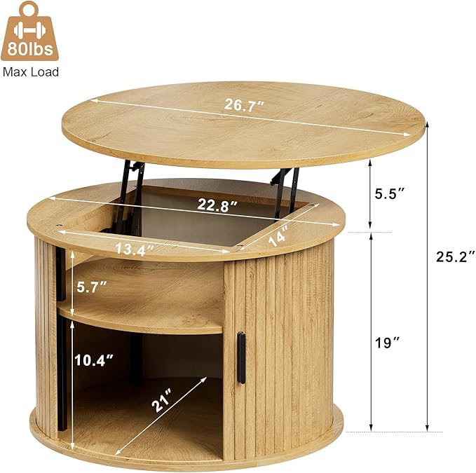FABATO Round Lift Top Coffee Table, Fluted Wood Accent Coffee Table with Hidden Storage and Open Shelves, Drum Table with Sliding Rolling Door, Small Center Table Dining Table for Living Room, Wood