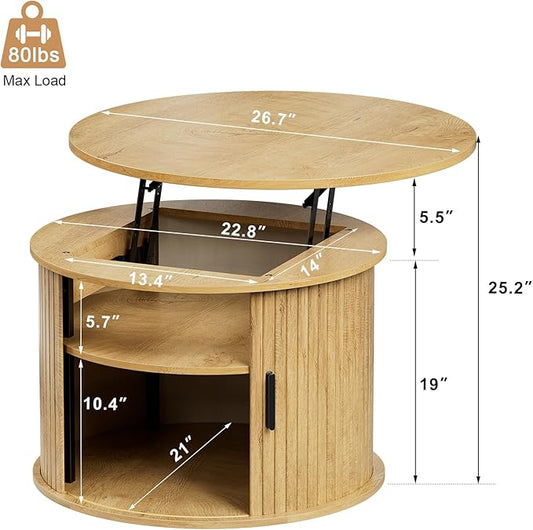 FABATO Round Lift Top Coffee Table, Fluted Wood Accent Coffee Table with Hidden Storage and Open Shelves, Drum Table with Sliding Rolling Door, Small Center Table Dining Table for Living Room, Wood