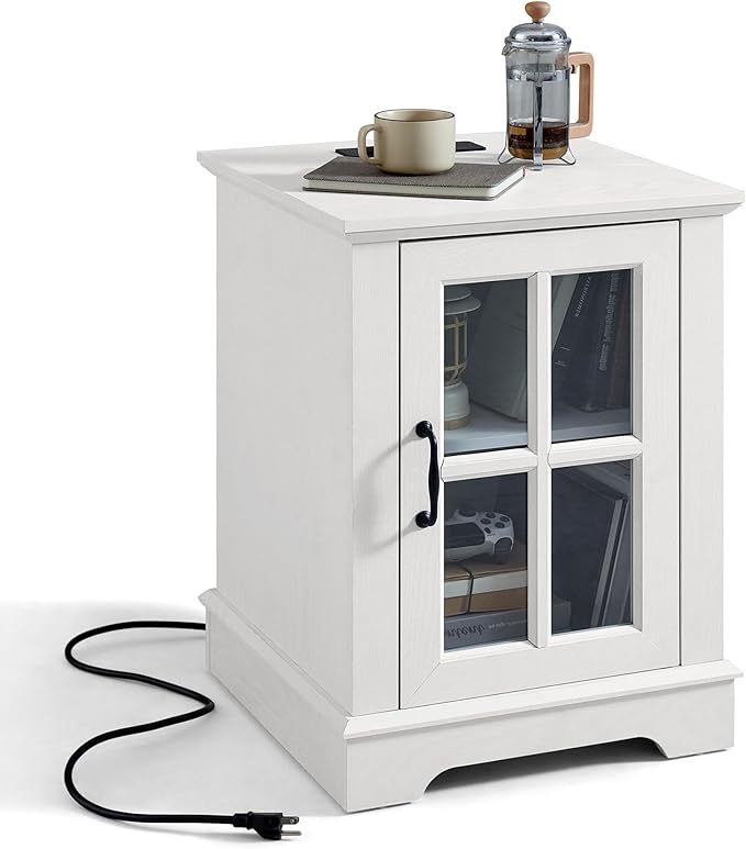 LINSY HOME End Table with Charging Station, Modern Side Table with Storage Cabinet and Adjustable Shelf, Small Sofa Table for Living Room, White