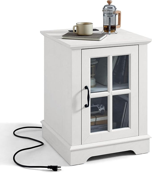 LINSY HOME End Table with Charging Station, Modern Side Table with Storage Cabinet and Adjustable Shelf, Small Sofa Table for Living Room, White
