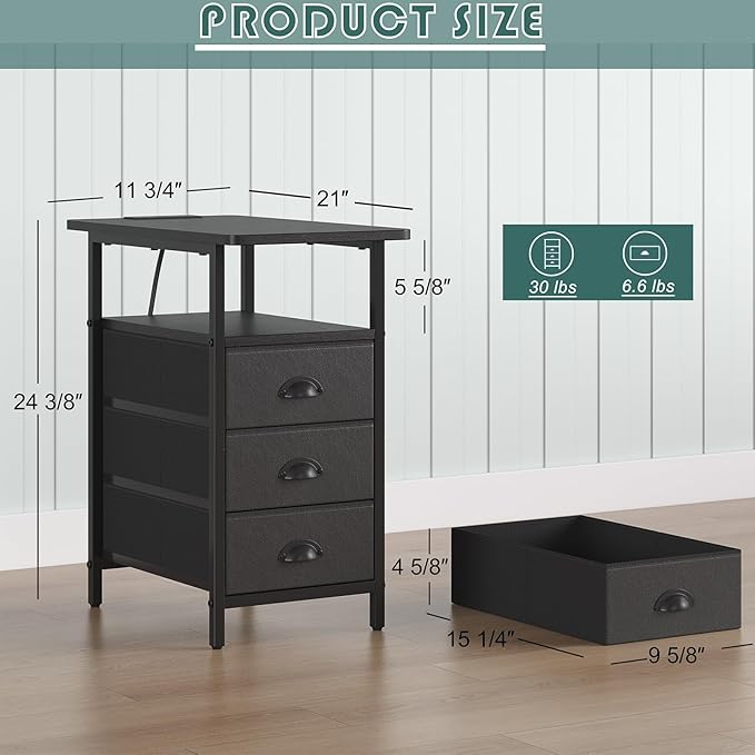 End Table with Charging Station, Side Tables Livingroom with USB Ports and Outlets,Narrow Nightstands Bedside Tables with 3 Drawers PU Finish for Small Space,Slim Sofa Table Bedroom,Black