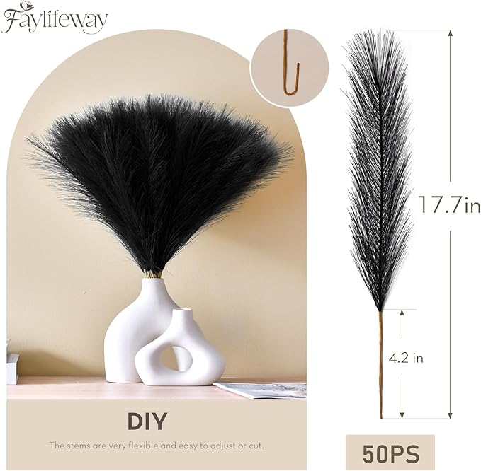 𝟱𝟬𝙥𝙘𝙨 Pampas Grass 𝟭𝟳in, Black Artificial Pampas Grass Faux Plants Floral Fluffy Feathers Vase Filler for Boho Home Wedding Party Decoration (𝗕𝗹𝗮𝗰𝗸)