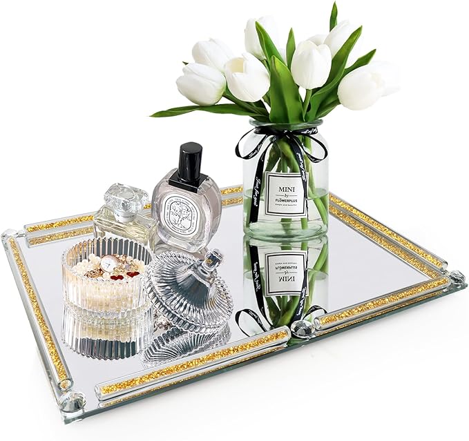 Large Mirror Perfume Tray for Dresser,Crushed Diamond Filled Glass Vanity Tray,Gold Decorative Bathroom Tray,Crystal Tray for Home Decorative,Party,Hotel Banquet,15.7x11.8x1.4inch,Gold