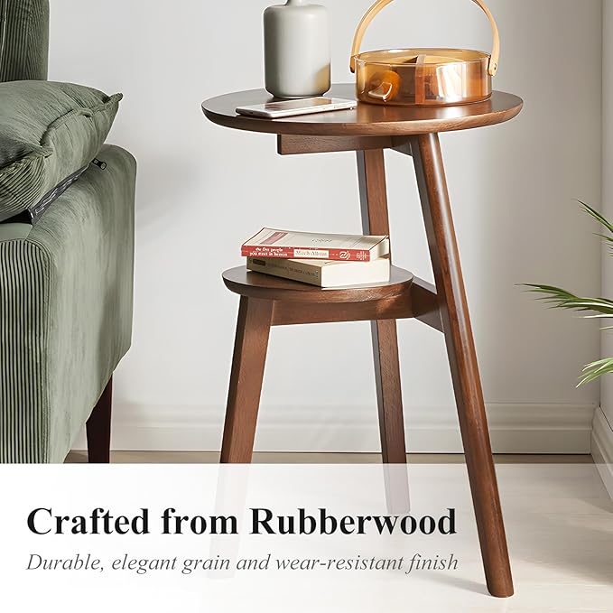 Side Table, 2-Tier Round End Tables Living Room, Mid Century Modern Side Table, Round Nightstand, Oak Accent Table, Small Round Coffee Table, 16.54" Dia.x 23.62" H(Walnut)