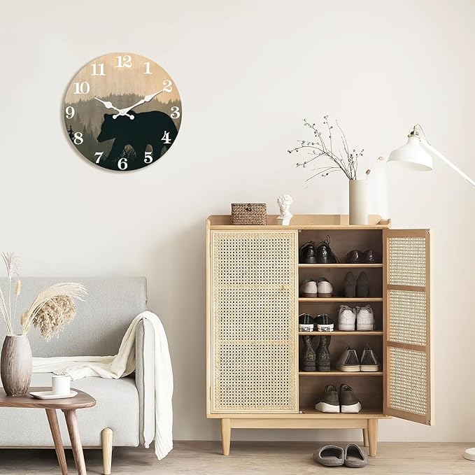 XFM Large Cabin Bear Wall Clock Battery Operated 24 Inch Silent Wooden Wall Clocks Rustic Forest Wildlife Clock for Lodge Living Room Kitchen Office