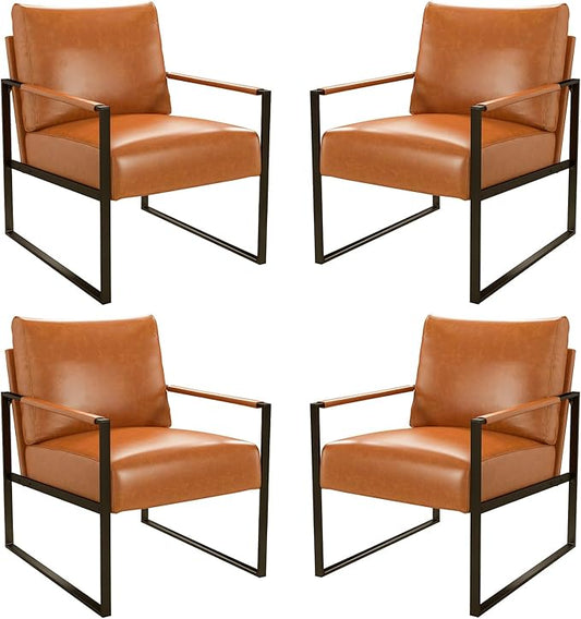 CANMOV Modern Accent Chair Set of 4, PU Leather Armchair with Metal Frame,Comfy Single Reading Chair with Soft Padded Backrest and Cushion for Living Room, Bedroom,Reading Room,Office,Brown
