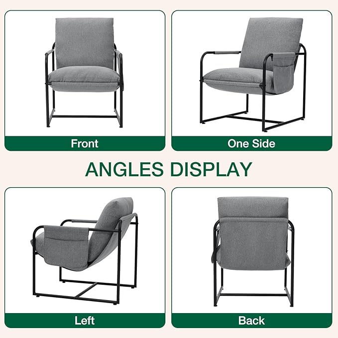 HOMMPA Sling Accent Chair Set of 2, Steel Frame Lounge Arm Chair Living Room Chair with Side Storage Pocket, Reading Accent Chair Mid Century Modern Bedroom Chair Linen Fabric Cover, Flax