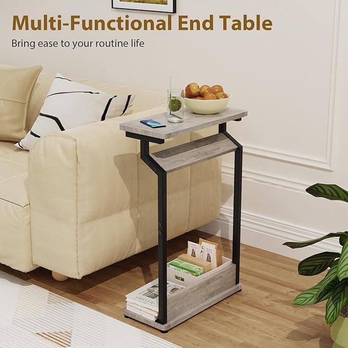Narrow Side Table for Small Spaces, 2-Tier Farmhouse Small End Table, Slim TV Tray Couch Table Skinny Thin End Tables for Living Room Bedroom, Grey