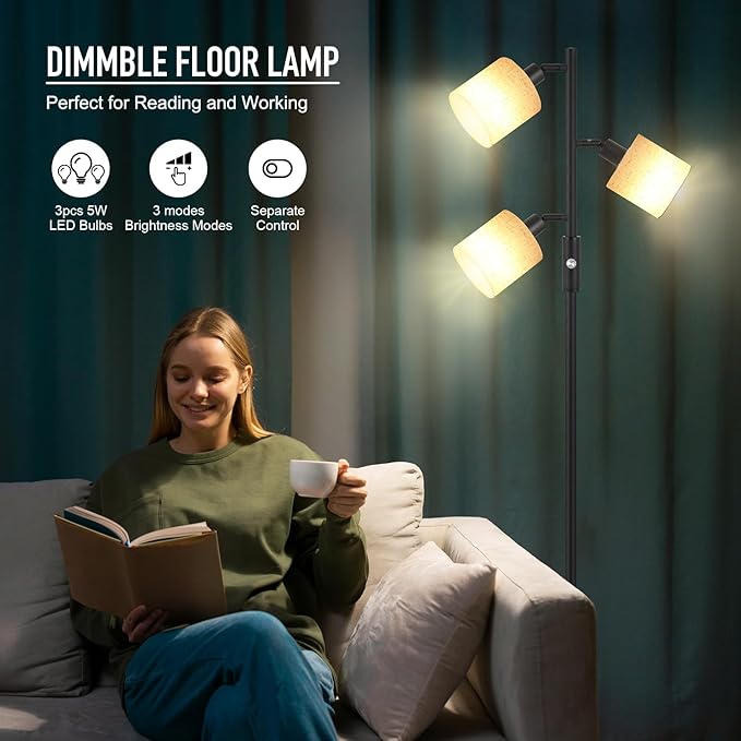 Floor Lamps for Living Room, Standing Lamp, 3-Light Tree Floor Lamp with Lampshade, Reading Floor Lamp with Rotary Switch, 63" Tall Lamp, Modern Pole Lamp for Bedroom Office Kids Room (5W LED Bulbs)