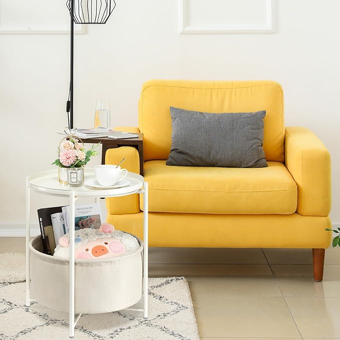 danpinera Round Side Table with Fabric Storage Basket, Metal Side Table Small Bedside Nightstand with Removable Tray Top for Living Room, Bedroom, Nursery, Laundry, White