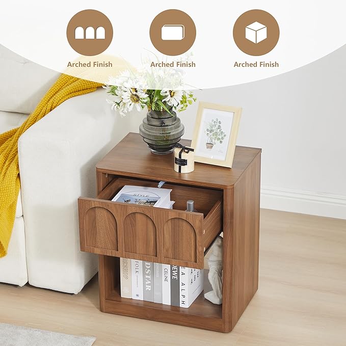 Nightstand Set of 2, 19.69" Wide Bedside Table with Arched Finish, Modern Night Stands with Curved Profile, Mid Century End Table for Bedroom Living Room (Walnut-2 Packs)
