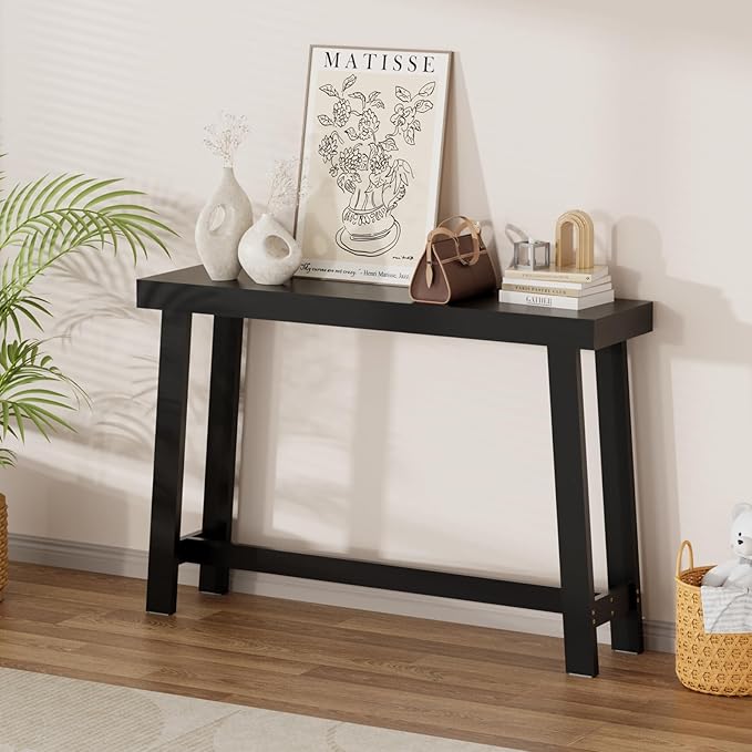 Bamboo 47.2" Narrow Console Table, Wood Farmhouse Side Table, Rectangular Entryway Table, Modern Sofa Table Behind Couch with Storage Shelves for Entrance, Living Room, Hallway, Foyer (Black
