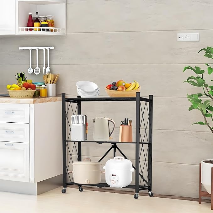 3 Tier Foldable Storage Shelf with Wheels, Heavy Duty Garage Shelving Unit Loads 550 LBS, Metal Steel Collapsible Shelves, Rolling Standing Utility Rack for Kitchen, Pantry, Office, Black