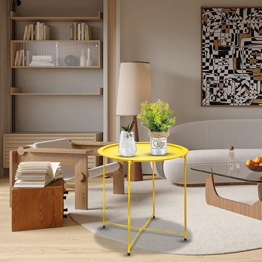 VILAWLENCE Metal End Table Side Table Round Folding Tray, Sofa Grey Small Accent Fold-able Side Table Tray,Outdoor Side Sofa Table, Snack Table for Living Room and Bed Room 18.5 in (Yellow)
