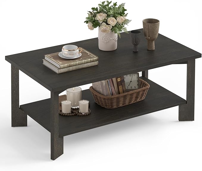39 Inch Coffee Table,Wood Rectangle Modern Center Table with 2-Tier Storage Shelf for Living Room,Dark Brown