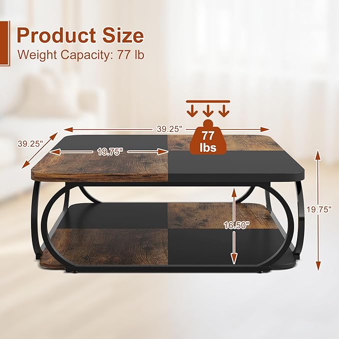2-Tier Coffee Table with Storage Shelf, 39" Small Square Coffee Table Modern Wooden and Metal Accent Center Sofa Side Tables for Living Room, Brown & Black