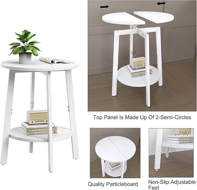 Side Table Set of 2, Small Round End Table with Storage Shelf for Small Space, 2-Tier Bedside Table, Nighstands Set of 2 Accent Table for Living Room, Bedroom, White