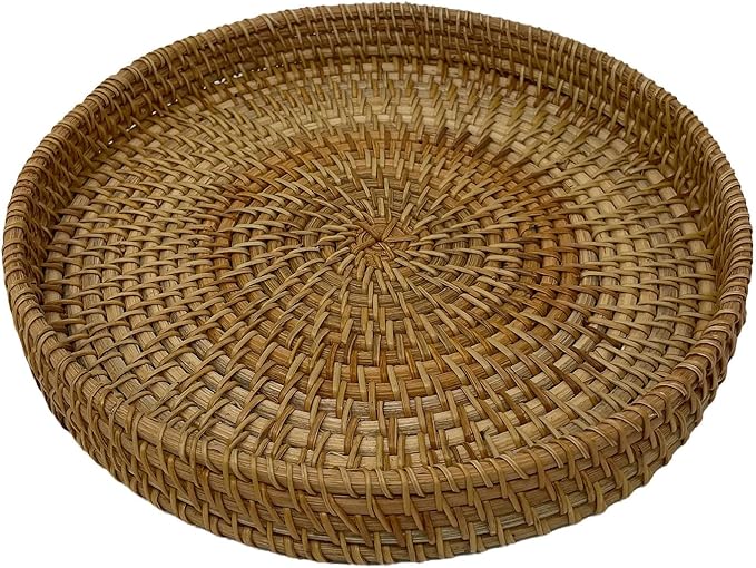 Hand Woven Rattan Serving Basket 9.4 inch - Round Platter for Fruit, Snacks, Appetizers, Bread, Breakfast, BBQs, Parties - Decorative Tray for Living Room, Kitchen, Dining Decor (Medium)