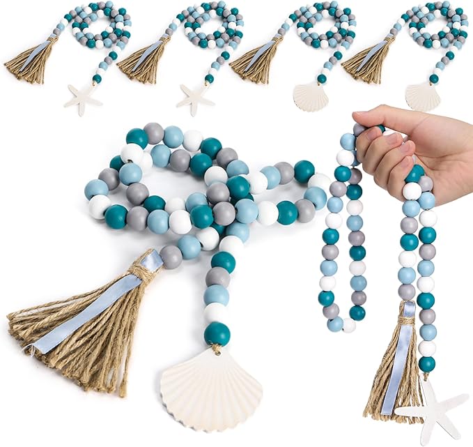 4 Pack Farmhouse Wood Bead Garland with Tassels, 39 in Rustic Boho Bead with Seashell Tag, Handmade Coastal Garland Beads for Tiered Tray, Wall Hanging, Wedding, Home Decor