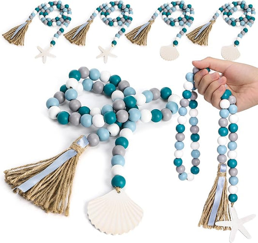 4 Pack Farmhouse Wood Bead Garland with Tassels, 39 in Rustic Boho Bead with Seashell Tag, Handmade Coastal Garland Beads for Tiered Tray, Wall Hanging, Wedding, Home Decor