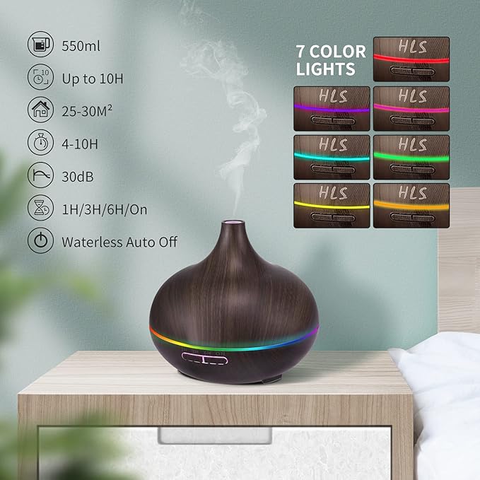 550ML Black Aroma diffusers for Essential Oils, Large Office Essential Oils Aromatherapy Diffuser with Ambient Light & 3 Timer, waterless auto Off Cool Mist humidifier Vaporizers for Bedroom Kids