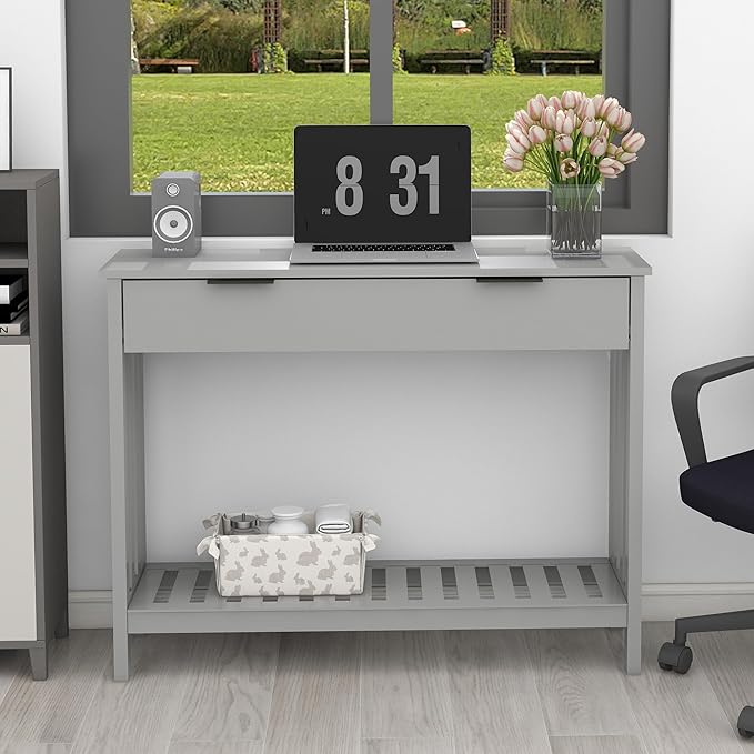 TaoHFE Entryway Table with Storage, Modern Sofa Table with Slatted Frame, Entry Way Table with Smooth Finish, Long Console Table for Hallway, Entryway, Living Room, Bathroom, Bedroom, Grey