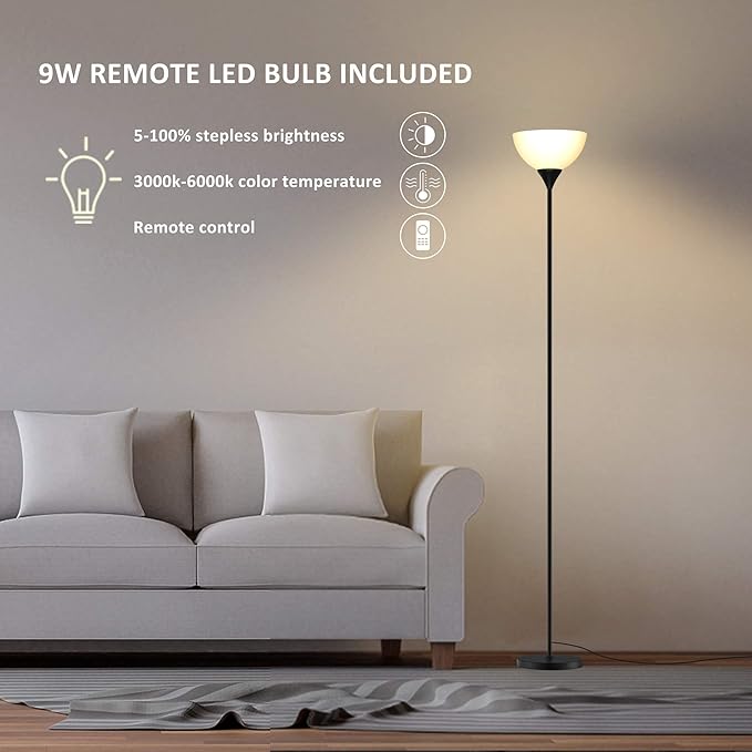 PESRAE Floor Lamp, Remote Control with Stpeless Color Temperatures and Brightness, Torchiere lamp for Bedroom, Living Room, Bulb Included (Matte Black)