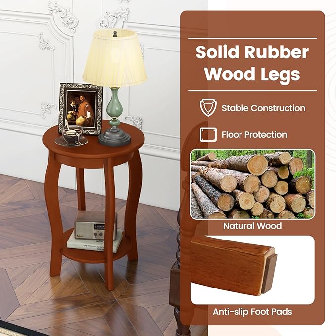 Giantex Round End Table, Wooden Side Table with Storage Shelf, Small Nightstand with Solid Wood Legs, 2-Tier Accent Table for Living Room Bedroom (2, Walnut)