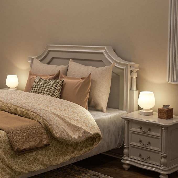 Touch Bedside Table Lamp Set of 2 - Small Bedside Lamp for Bedroom Living Room Night Stands, Desk Lamp with White Glass Shade for Small Spaces, 3 Way Dimmable, LED Bulbs, Gifts