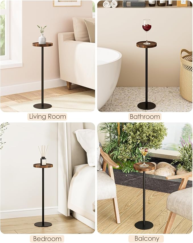 Drink Table, Small Pedestal Side Table, Round Cocktail Table, Circle Accent End Table with Metal Base, for Small Spaces (2, Brown Walnut)