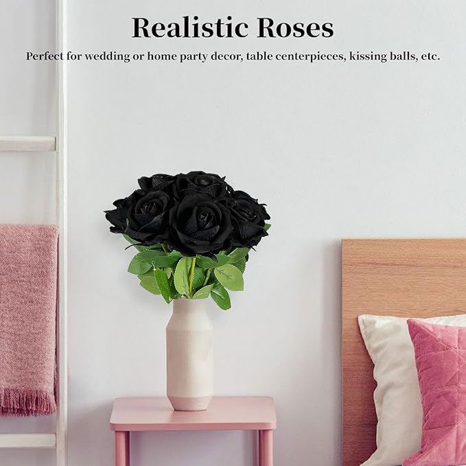 10 PCS Artificial Roses with Long Stems Silk Flowers Realistic Foam Flowers Fake Roses for Valentine's Day Home Wedding Halloween Decor(Black)