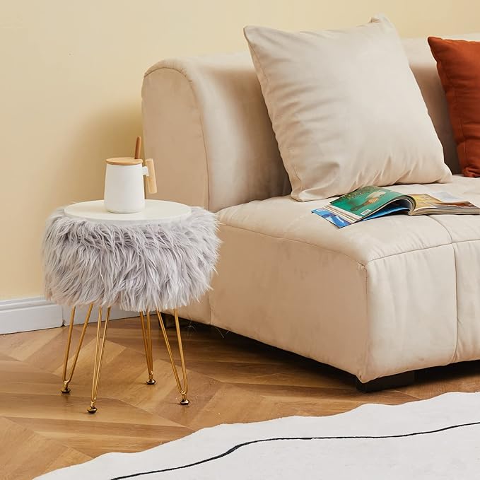 Mxfurhawa Faux Fur Storage Ottoman Round Furry Vanity Stool Marble Grain Tray Coffee Table Compact Footrest Stool with 4 Metal Legs Soft Makeup Seat Foot Stools for Living Room Bedroom Entryway Grey