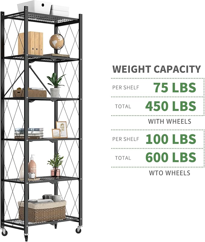 72" H 6 Tier Foldable Storage Shelf with Wheels, Folding Shelving Loads 600 LBS, Metal Steel Garage Shelves, Rolling Standing Utility Rack for Kitchen, Pantry, Office, Black