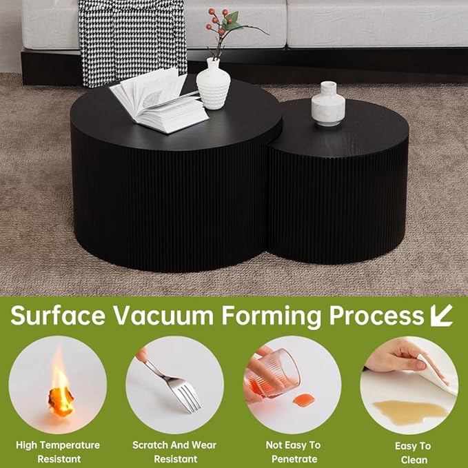 Round Nesting Coffee Table Set of 2 Small Round Coffee Tables for Living Room Modern Fluted Coffee Table Circular End Table Side Table for Small Spaces No Assembly (Black B, 27 in)