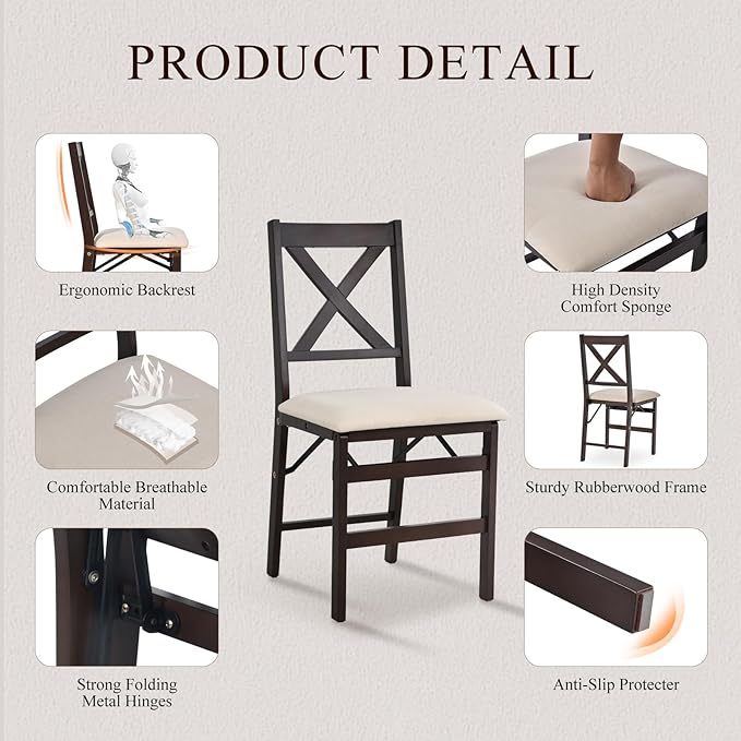 COLAMY Folding Dining Chairs Set of 6, Foldable Chairs with Padded Seats, Wood Folding Dining Room Chairs for Dinner, Kitchen, Party, Camping, Beige