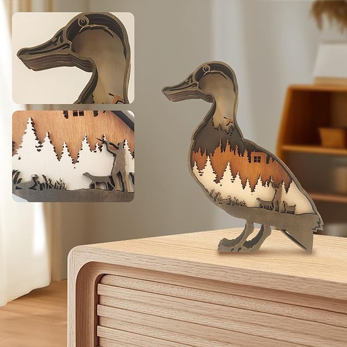 3D Wooden Carving Animals Lamp - Creative Fox Squirrel Wood Carved LED Night Light Garden Yard Wooden Animals Sculpture Ornaments Desktop Home Decor Birthday Gifts for Family Friend (Muscovy Duck)