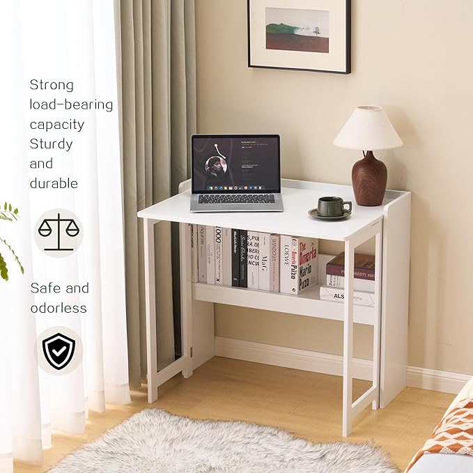 Folding Table with Storage Shelf,32.7 Inch Foldable Computer Desk for Small Spaces,Small Writing Desk for Bedroom Home Office Dorm and Apartment (White)