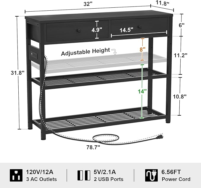 Ecoprsio Entryway Table with Outlets and USB Ports, Console Table with 2 Drawers, Small Sofa Table with Storage Shelves for Living Room, Couch, Hallway, Foyer, Kitchen Counter, 32'', Black