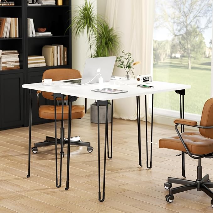Folding Desk, 31.5" Hairpin Legs Small Desk with Power Strip for Bedroom, Space Saving Foldable Computer Desk for Home Office, No Assembly Need,White