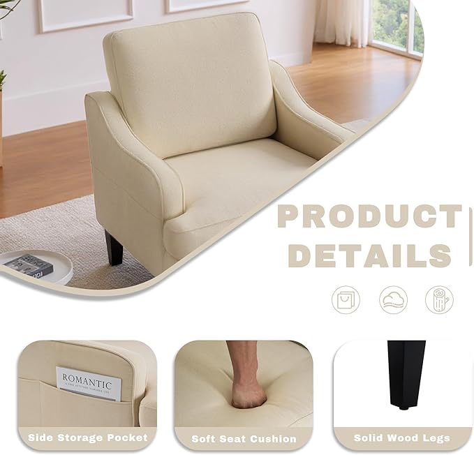 Accent Chair for Living Room,Mid-Century Arm Chair Fabric Living Room Chairs,Upholstered Reading Chair for Bedroom,Single Sofa Chair with Wood Legs for Apartment,Beige,2 Pack