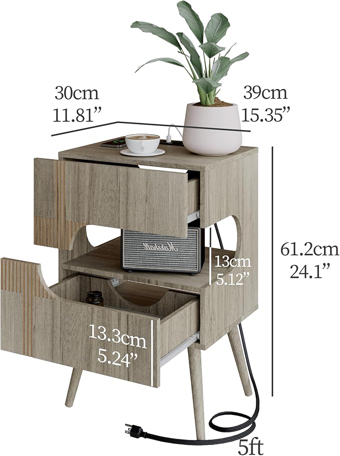 Nightstand with Charging Station and LED Lights,Modern Bedside Table with 2 Storage Drawer,Night Stand with Solid Wood Legs,White (Grey Osk)