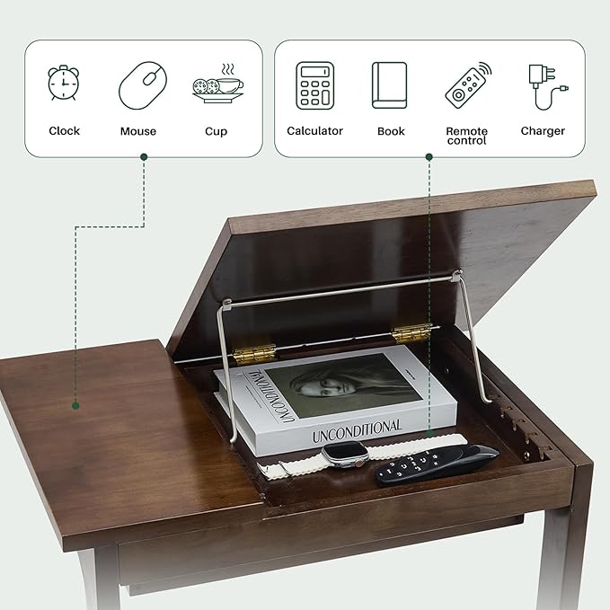 Wood Side Table for Couch - C Shaped Rolling End Table with Wheels Drawer, Wooden Modern Tv Tray Bedside Tables for Sofa Armchair Living Room Bedroom, Black Walnut, 15.4 in x 23.6 in x 24.8 in