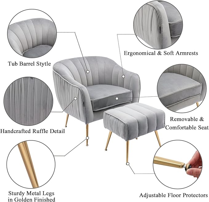 Velvet Accent Chair with Ottoman, Modern Arm Barrel Chair and Ottoman for Living Room Bedroom, Golden Finished, Grey