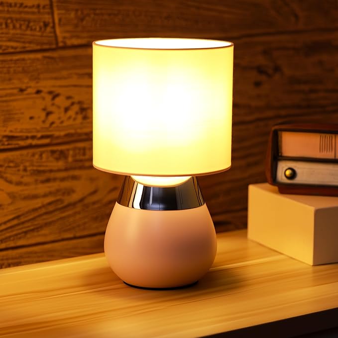 Small Modern Touch Eye Protection Bedside Table Lamp, 7 x 7 x 12 Inch Pink Metal Base Table Lamp for Bedrooms and Office (Pink Fabric Lampshade)