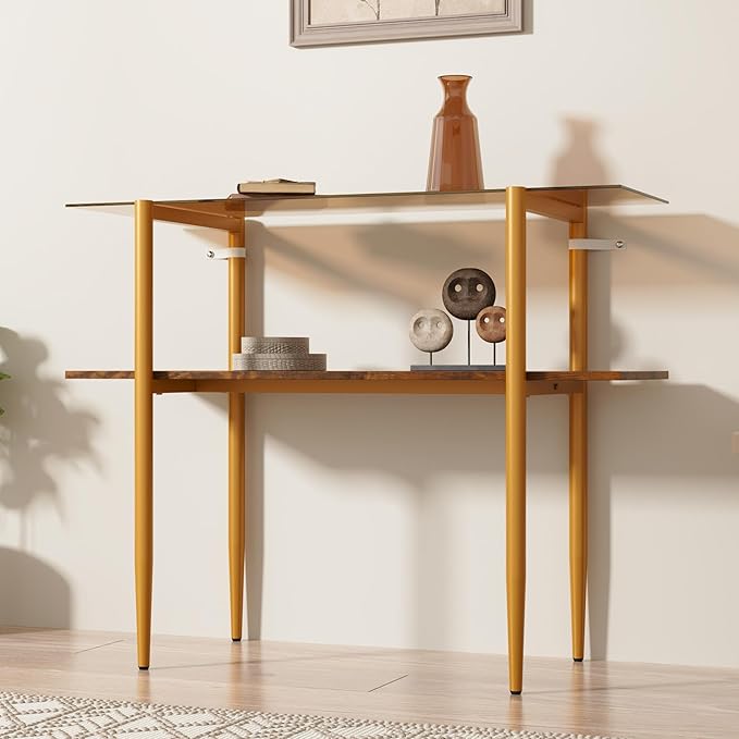 Glass Sofa Table, Mid-Century Modern Entryway Table with Tempered Glass & Golden Legs, 2-Tier Behind Couch Table for Living Room Hallway Entrance, Brown
