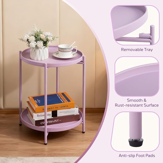 HollyHOME 2-Tier Round Side Table, Outdoor Small Folding Accent Stand with Removable Tray, Anti-Rust Metal Asional Table for Balcony Patio Living Room, Nightstand for Bedroom(Purple)