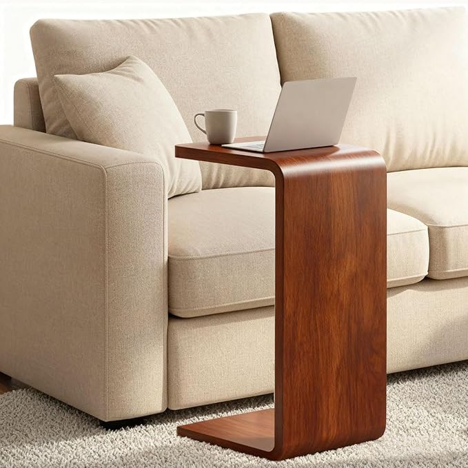 CHSSIH C Shaped End Table for Couch - Wooden Sofa Side Table, Slide Under Couch Table for Living Room, Bedroom, Laptop, Coffee, Small Space Narrow Furniture, Walnut