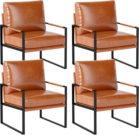 INZOY Mid Century Modern Accent Chair with Removable Cushions Set of 4, Comfy PU Leather Living Room Chairs with Thicker Backrest and Cushion, Metal Frame Design, Brown