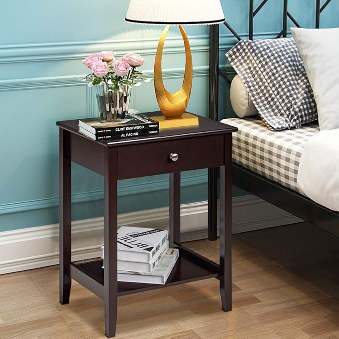 Giantex Nightstand Wooden 2-Tier Couch Sofa Side Table with Drawer, Storage Shelf, Solid Wood Legs,Mufti-Functional Home Furniture for Living Room Bedroom Study Room End Table (1, Brown)